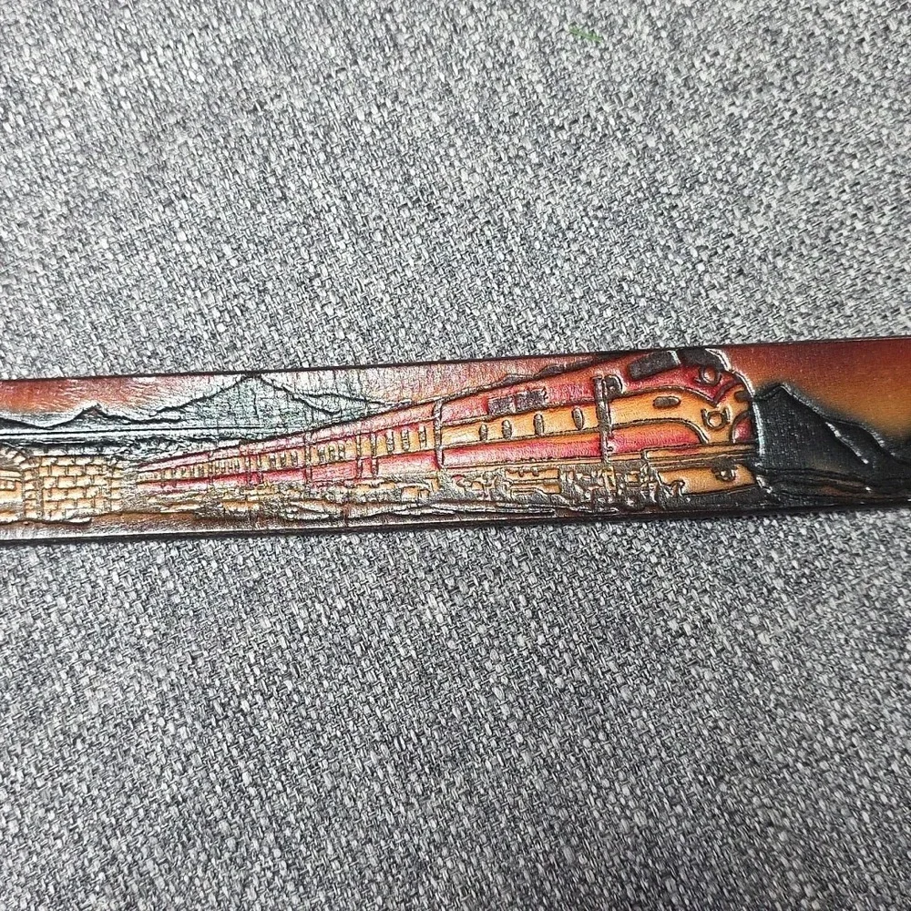Vtg Train Western Tooled Leather Belt Mountain Buckle Steam Engines Tunnels